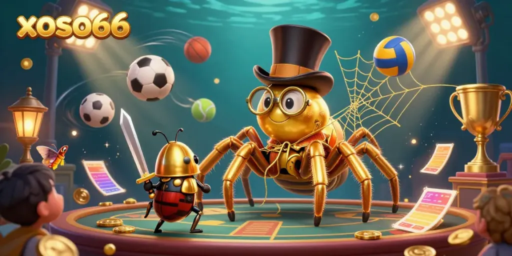 Xoso66 engages players with a vibrant casino scene featuring a golden tarantula and beetle knight.