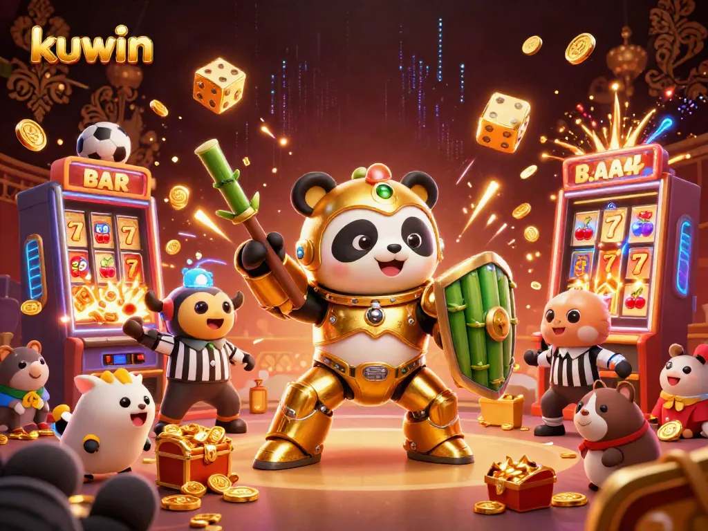 Engage in kuwin's immersive online casino with a dynamic 3D illustration showcasing jackpots and exciting gameplay.