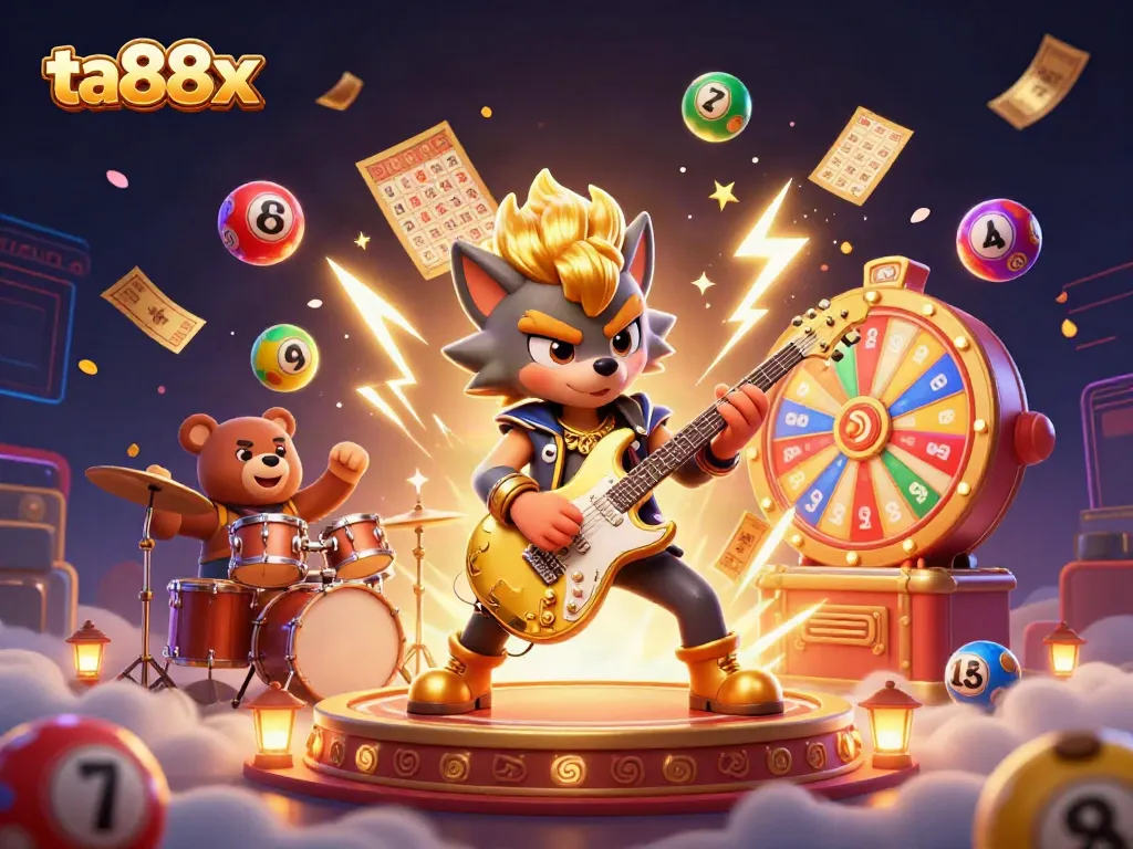 Experience thrilling games at ta88x with vibrant lottery balls and energetic characters on stage.