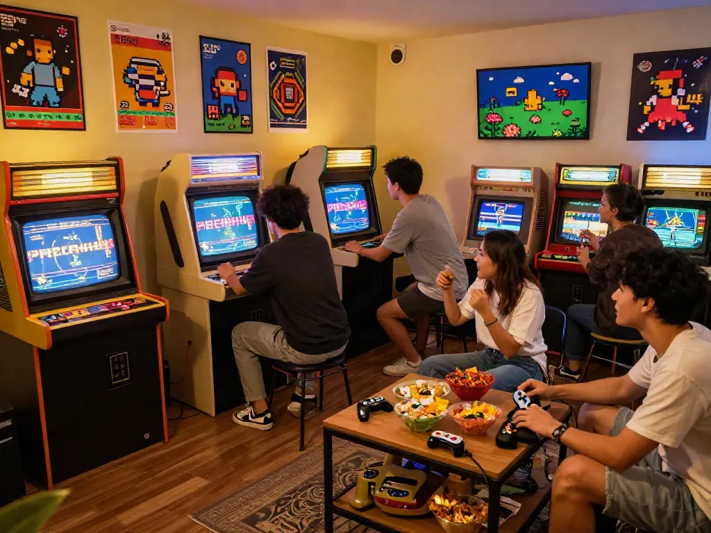 Friends enjoying PECAH404 in a nostalgic gaming room with retro consoles and vibrant decor.