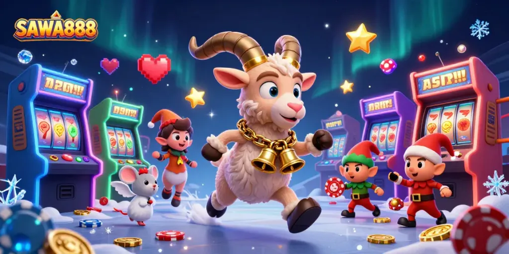 Experience the excitement of SAWA888 with a lively 3D casino scene featuring festive characters engaging in thrilling games.