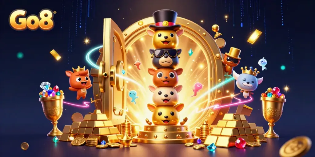 Engage with Go8's vibrant casino experience featuring a golden totem pole surrounded by treasure and game elements.