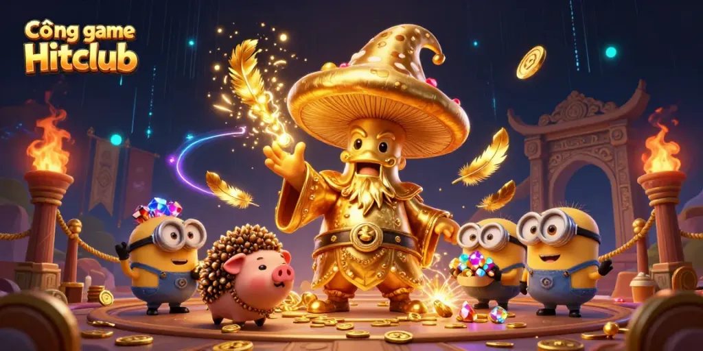 Experience the magic of Cổng game Hitclub with a golden mushroom wizard and treasure-filled adventure.