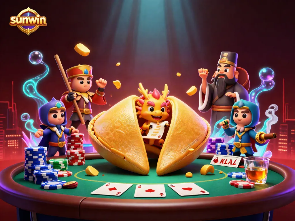 Engage in thrilling gameplay at Sunwin, exploring poker tables surrounded by festive characters.
