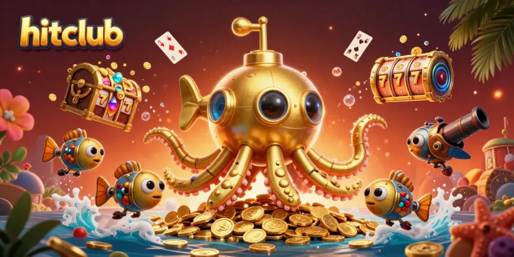 Engage in thrilling gameplay at hitclub with a golden kraken submarine amidst golden coins.