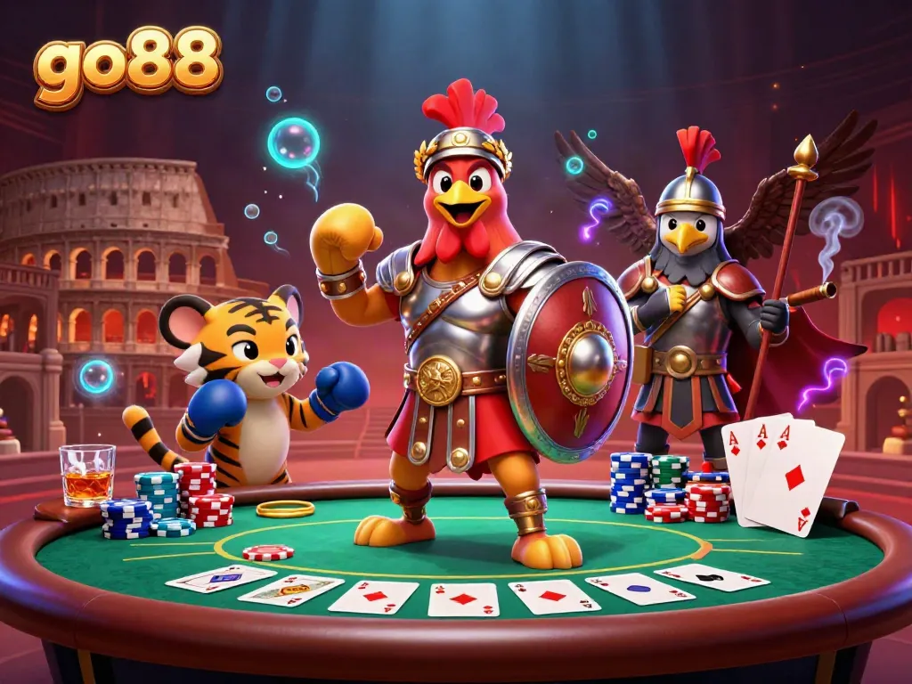 Experience go88's thrilling casino scene with a gladiator rooster and playful tiger cub.