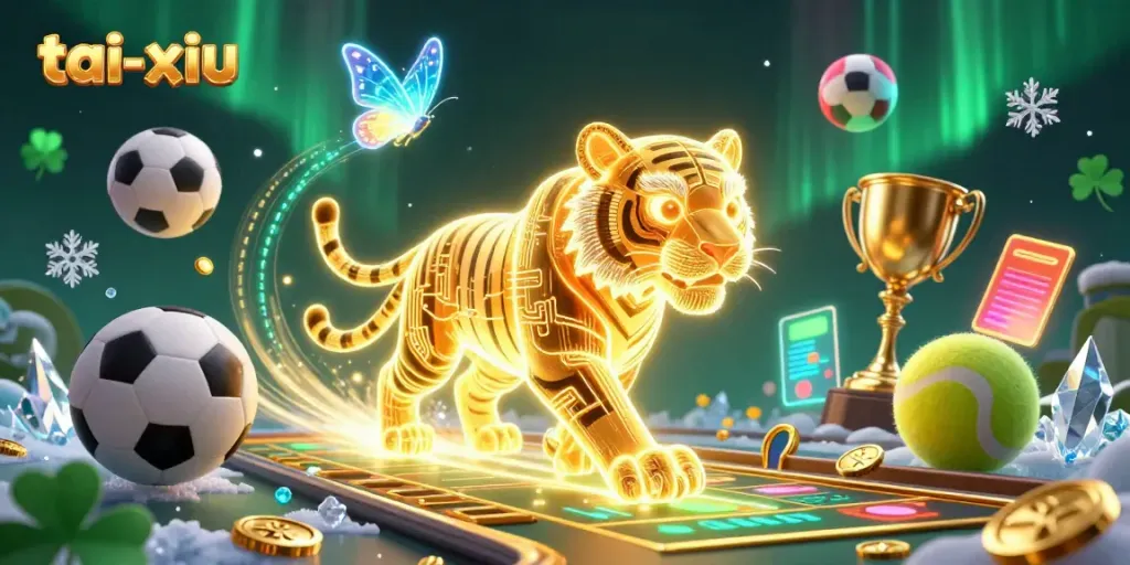 A vibrant tai-xiu online casino scene featuring a neon-wireframe tiger with holographic butterflies amidst flying sports elements.