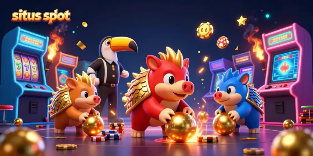 Experience exciting situs slot action with cartoon pangolins in a vibrant gaming scene.