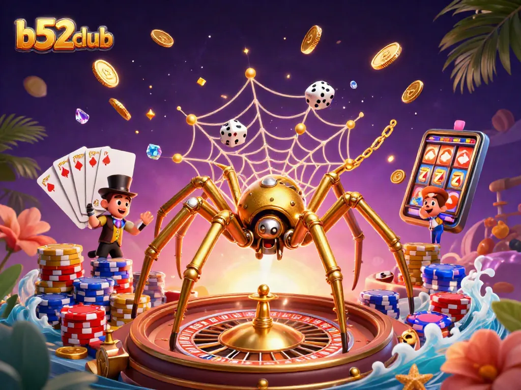 Immerse in the thrill of b52club as golden coins and poker chips cascade in a vibrant 3D casino landscape.