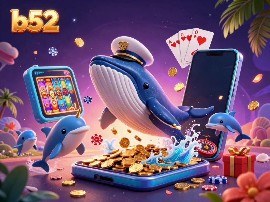Engage in thrilling gaming adventures with the b52 whale breaching through a sea of gold coins.
