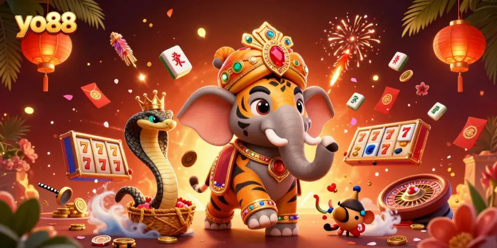 Play at yo88, engaging in vibrant casino activities with an ornate maharaja tiger and elegant gaming elements.