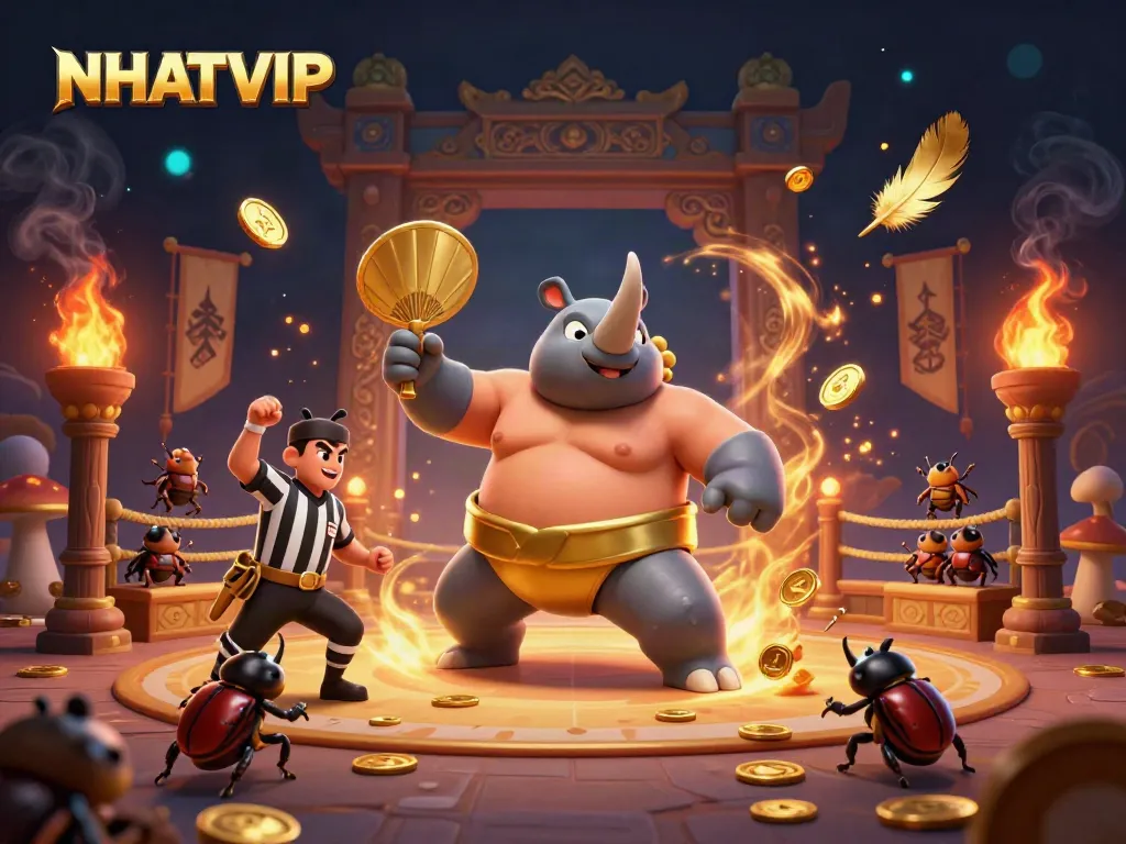 Experience the thrill of NHATVIP with a cartoon beetle sumo champion surrounded by excitement, coins, and gaming elements.