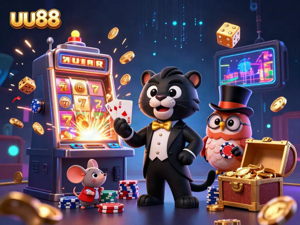 Experience the thrill of uu88 with a playful scene of a panther, owl, and mouse in a vibrant casino setting.