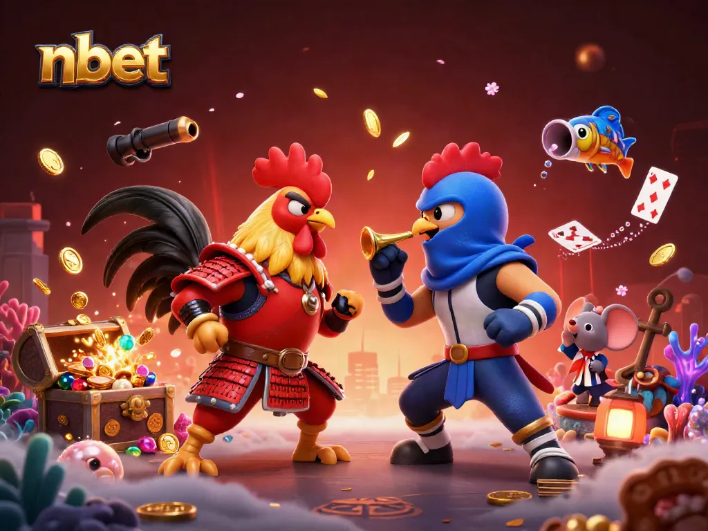 nbet showcases a dramatic 3D scene of two cartoon fighting roosters in samurai and ninja gear amidst casino game elements.