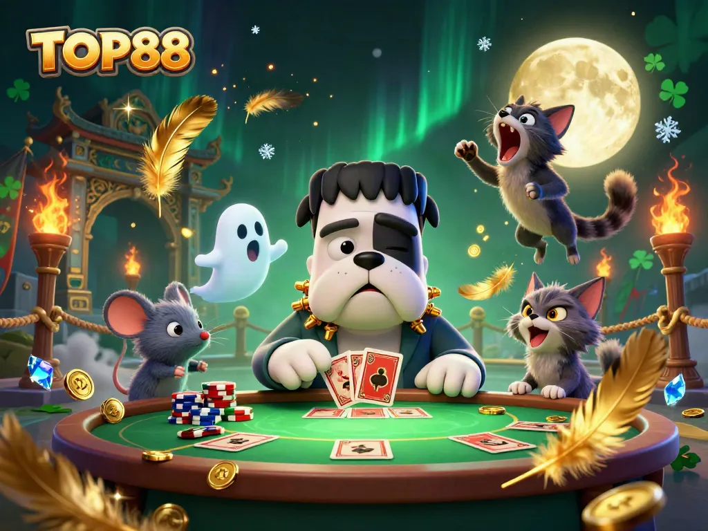 Engage with TOP88 at a vibrant casino scene featuring a unique bulldog monster and mystical elements.