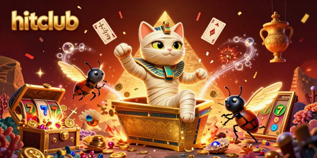 Experience exciting gameplay at Hitclub with an Egyptian mummy cat bursting into a vibrant casino scene.