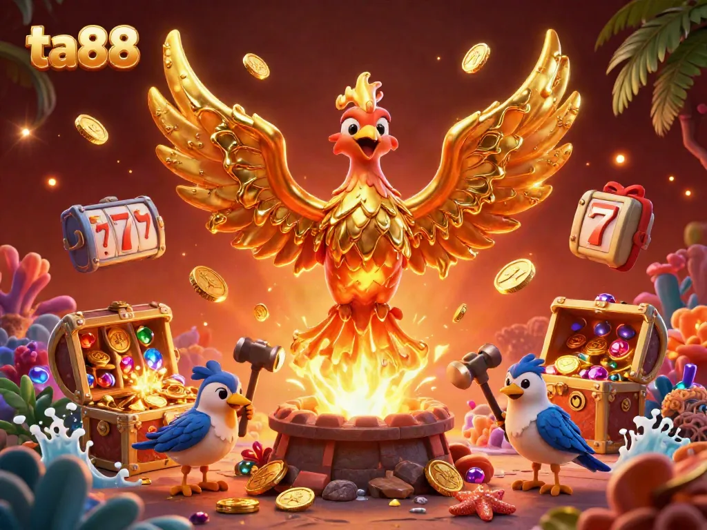Experience the thrilling atmosphere of ta88 with a golden phoenix and treasure in a dynamic casino scene.