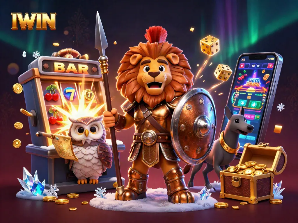 IWIN jackpot celebration scene showcasing a Spartan lion, owl strategist, and greyhound amidst casino thrills.