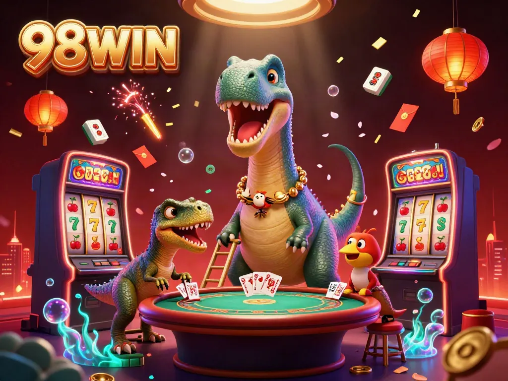 Experience the thrill of 98WIN at an animated casino featuring a brontosaurus and raptor dealing cards.