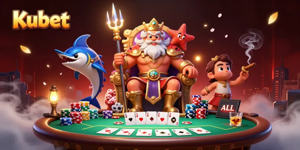 Kubet's vibrant casino scene captures Neptune and his samurai bodyguard amidst thrilling poker action.