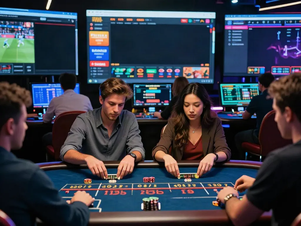 Players enjoying live betting at https://five888vin.com/ in a modern dynamic casino setting, showcasing the excitement of online gambling.