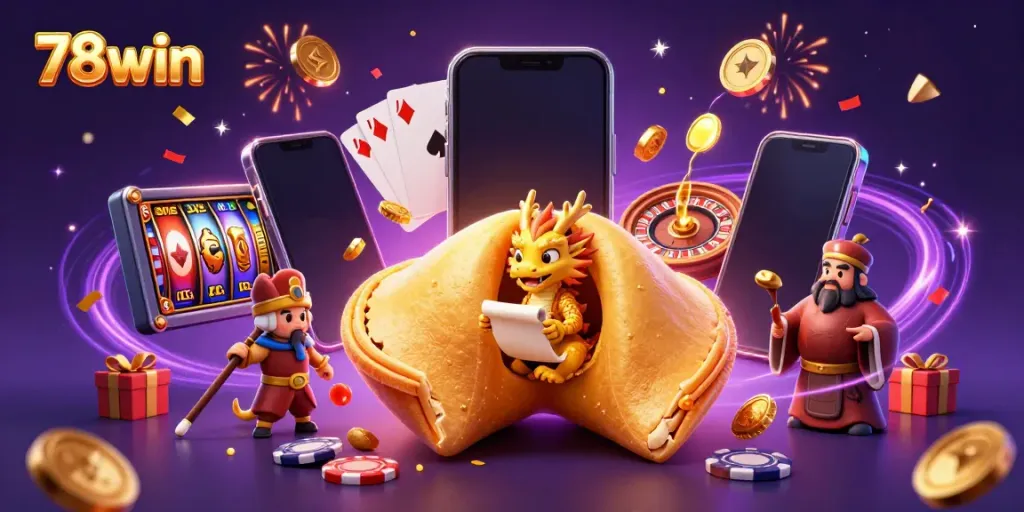 Experience the thrill of gaming with 78win's dynamic casino scene featuring a golden fortune cookie and exciting game elements.