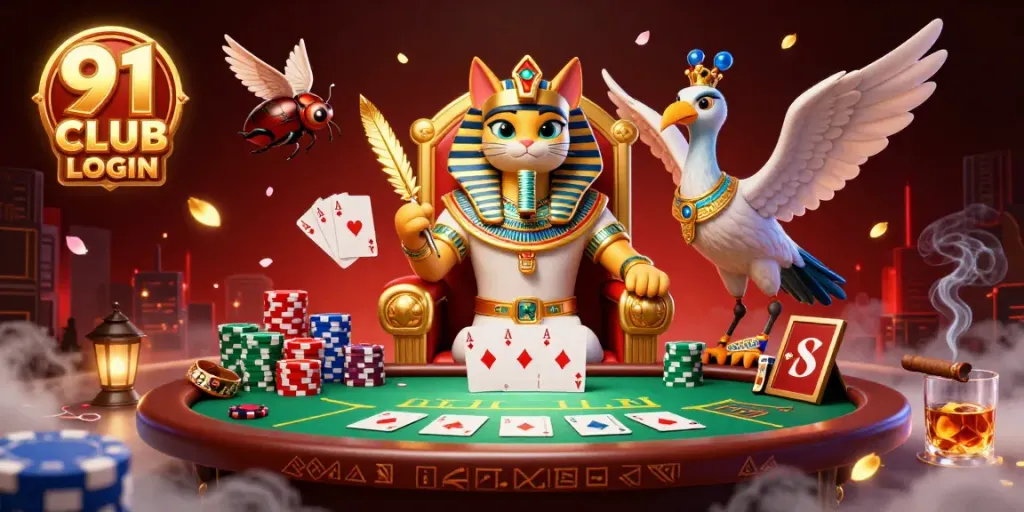Win big with the 91 CLUB LOGIN illustrated scene showcasing an Egyptian pharaoh cat on a throne amidst poker thrills.