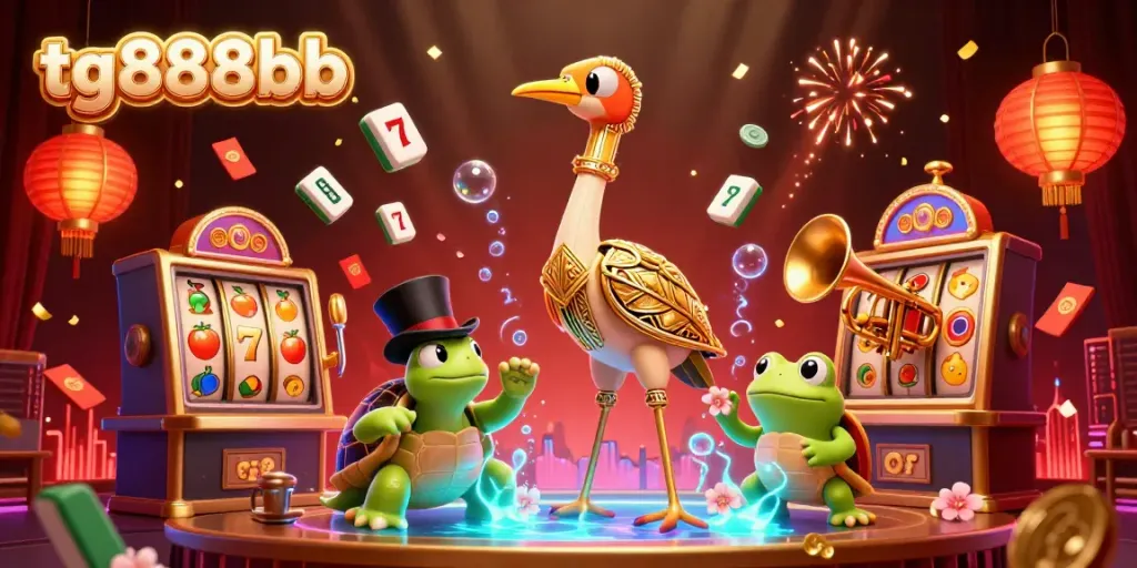 Celebrate winning at tg888bb with vibrant slots, a jazz trio, and festive decorations.