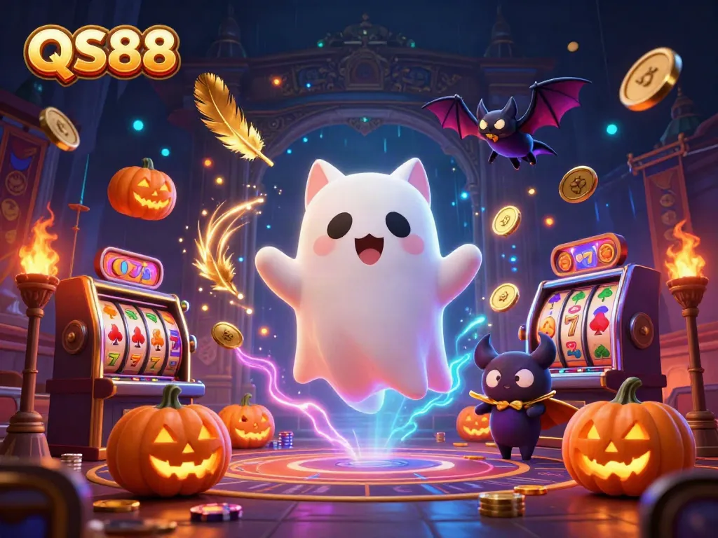 Experience high thrills at QS88 with a lively ghost cat and a bat in a vibrant casino scene.