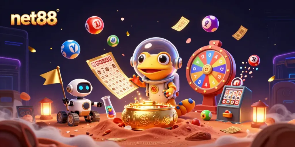 Join the exciting adventures at net88 with vibrant lottery balls and animated casino elements!