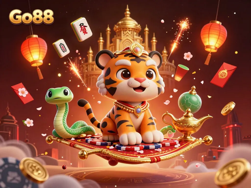 Engage with Go88's vibrant casino universe featuring a tiger sultan on a flying carpet.
