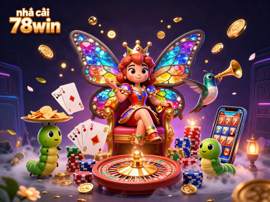 Experience the vibrant gaming world of nhà cái 78win with dazzling gem colors and dynamic casino elements in this 3D illustration.