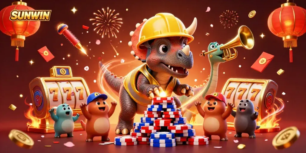 Experience excitement with SUNWIN as triceratops and friends celebrate a winning poker game.