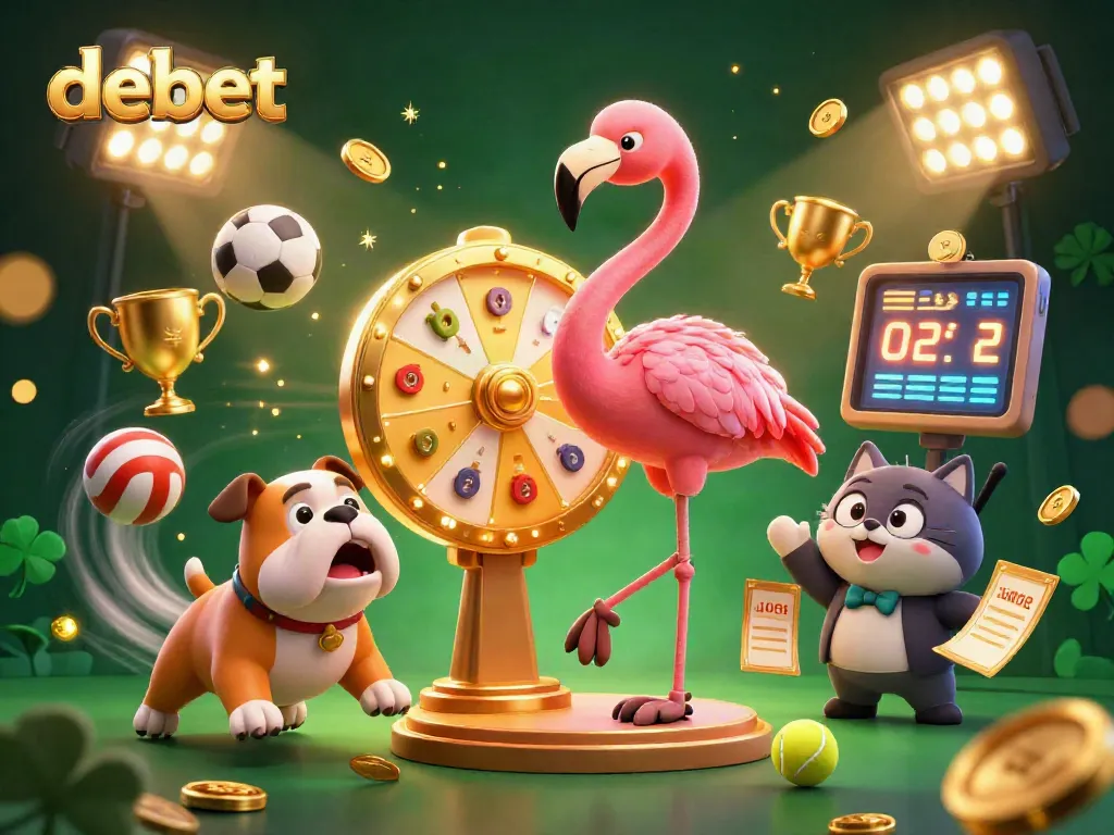 Engage with the vibrant debet casino scene featuring a flamingo host, bulldog contestant, and dynamic sports elements.