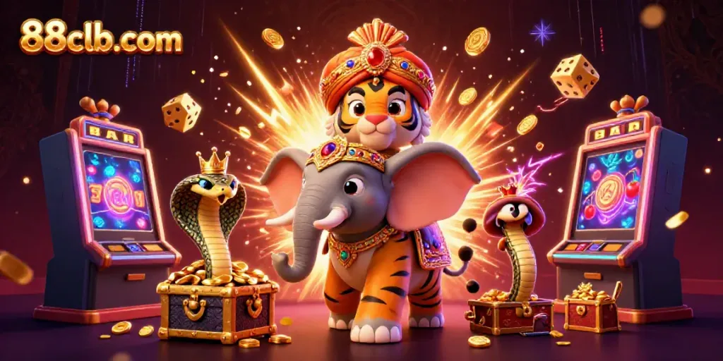 Experience exciting wins at 88clb-com with a captivating casino scene featuring a vibrant elephant and tiger.