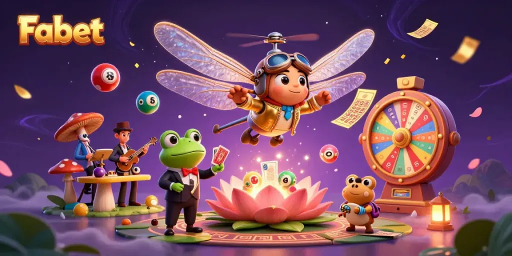 Engage with Fabet's lively casino scene featuring a dragonfly pilot, frog croupier, and jazz-playing crickets.