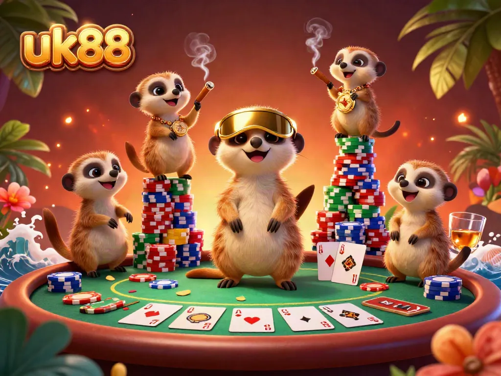 Exciting meerkats run a vibrant casino celebration scene showcasing uk88's thrilling gaming atmosphere.