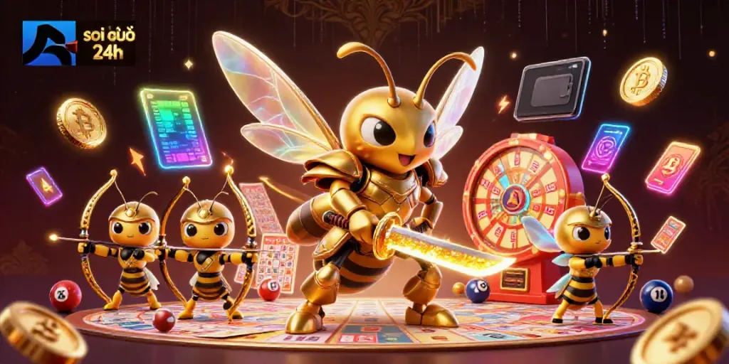 Engage with the soi cầu 24h dynamics through a vibrant lottery-themed scene featuring a golden hornet samurai.