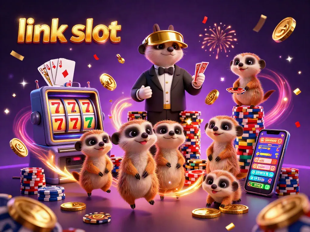 Experience the excitement of link slot games with a vibrant meerkat casino scene featuring colorful elements and dynamic energy.