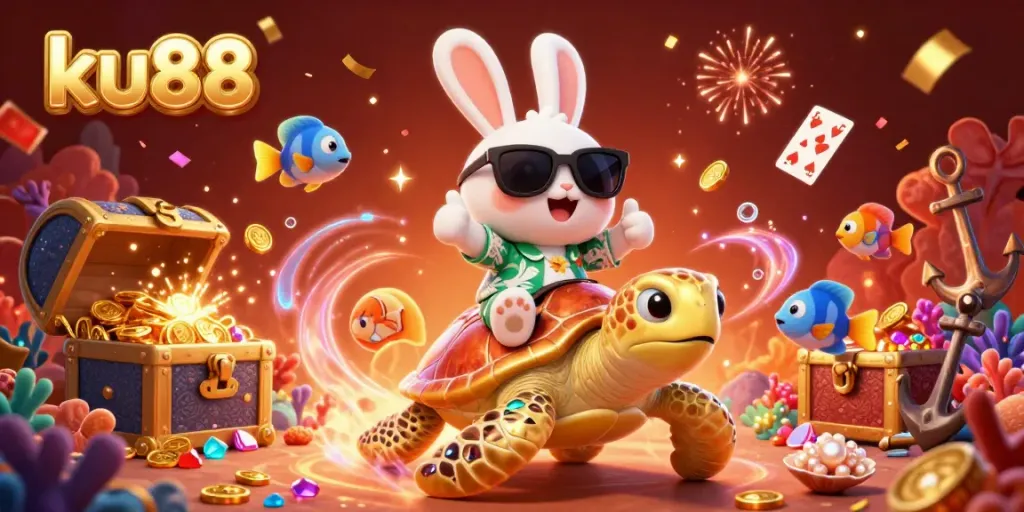 Engage in thrilling games at ku88 with a vibrant 3D scene featuring a lucky rabbit and golden sea turtle amidst treasures.