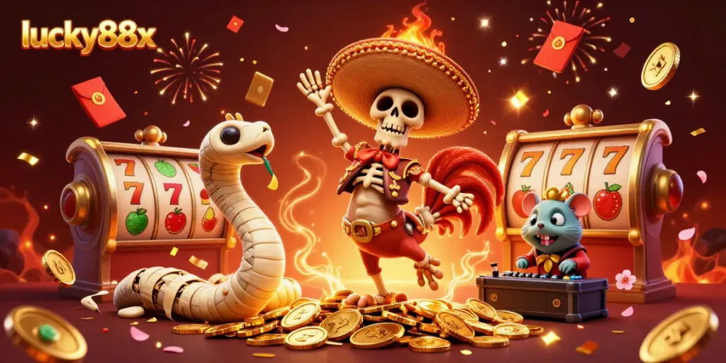 Experience the excitement of lucky88x with vibrant casino characters and golden slots in this festive illustration.