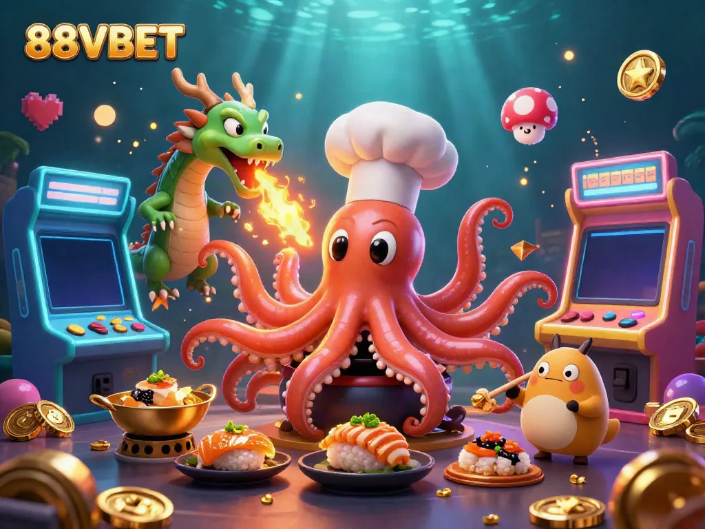 Experience the thrill of 88VBET with a lively illustration of a sushi chef octopus and friends in a vibrant casino scene.