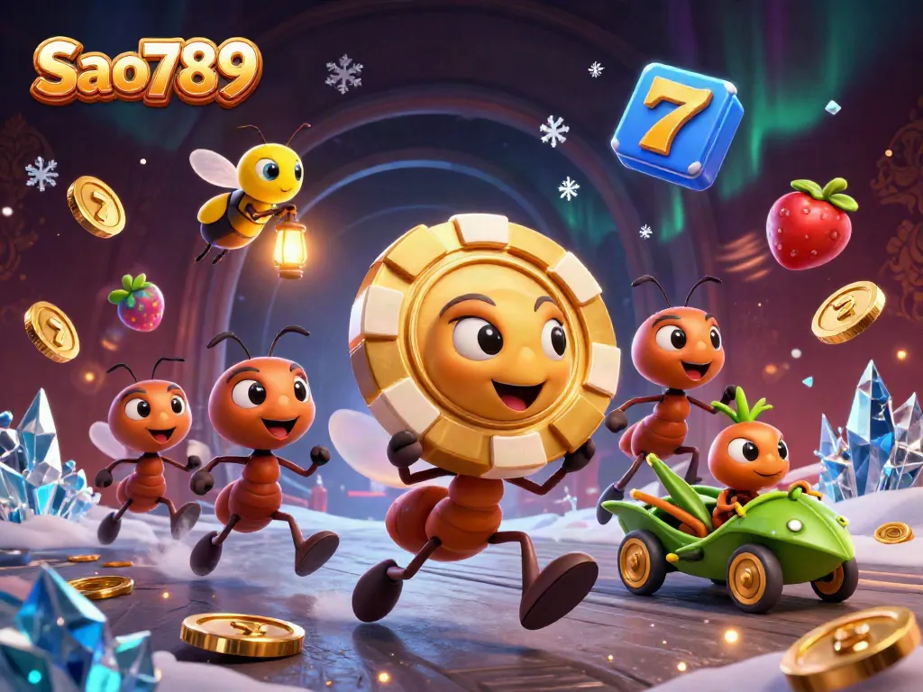 Sao789’s thrilling casino scene with cartoon ants heist and vibrant slots action