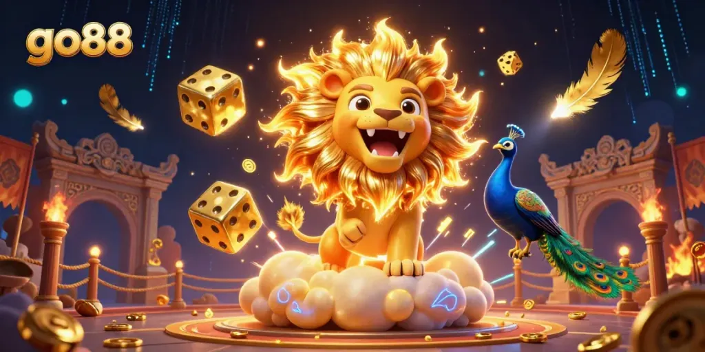 Play go88 with a roaring lion surrounded by vibrant casino elements in a vivid illustration.